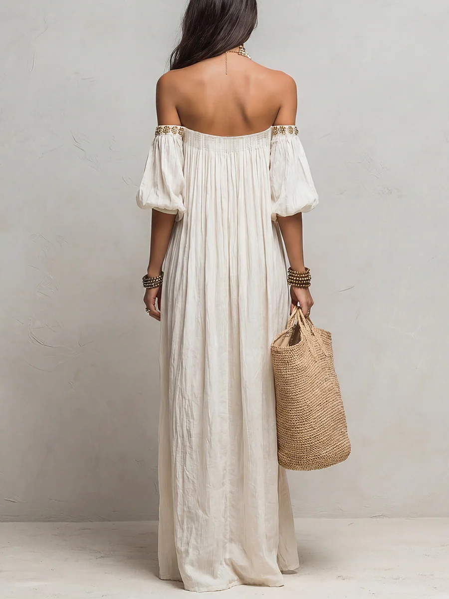 Bohemian Style Off-the-shoulder Pleated Ivory Long Dress - Image 6
