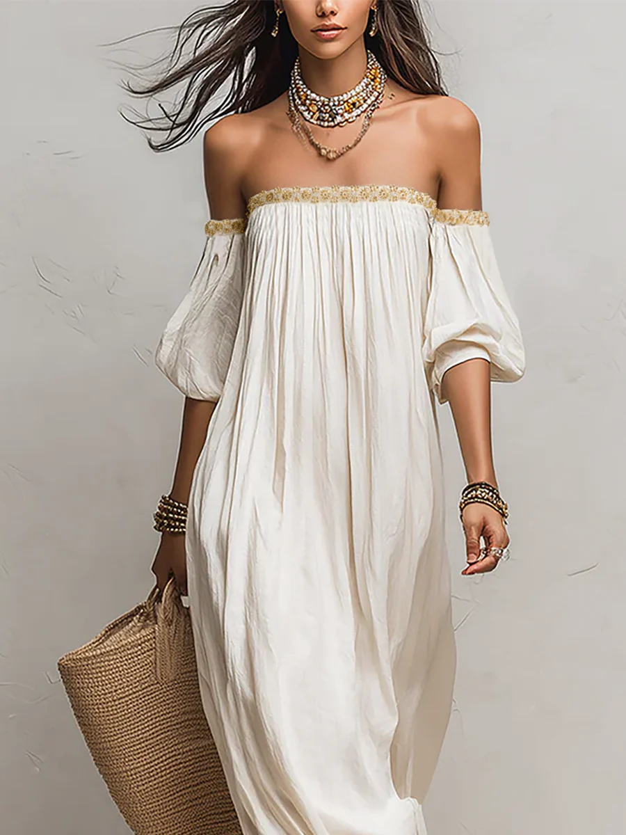 Bohemian Style Off-the-shoulder Pleated Ivory Long Dress - Image 7