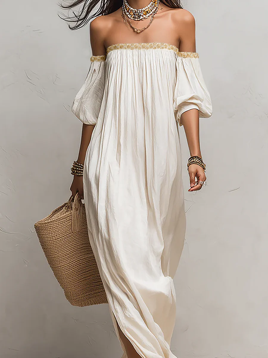 Bohemian Style Off-the-shoulder Pleated Ivory Long Dress - Image 8