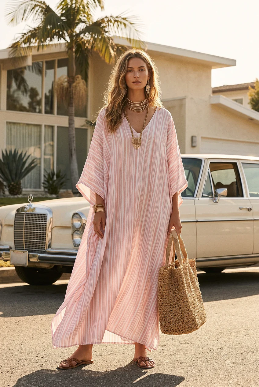 Bohemian-style Soft Pink Striped Kaftan Dress - Image 2