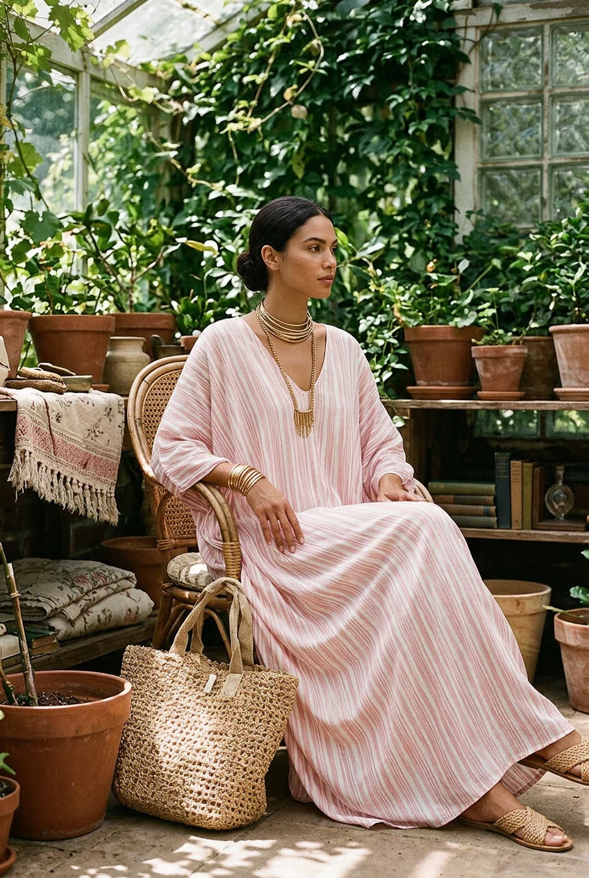 Bohemian-style Soft Pink Striped Kaftan Dress - Image 4