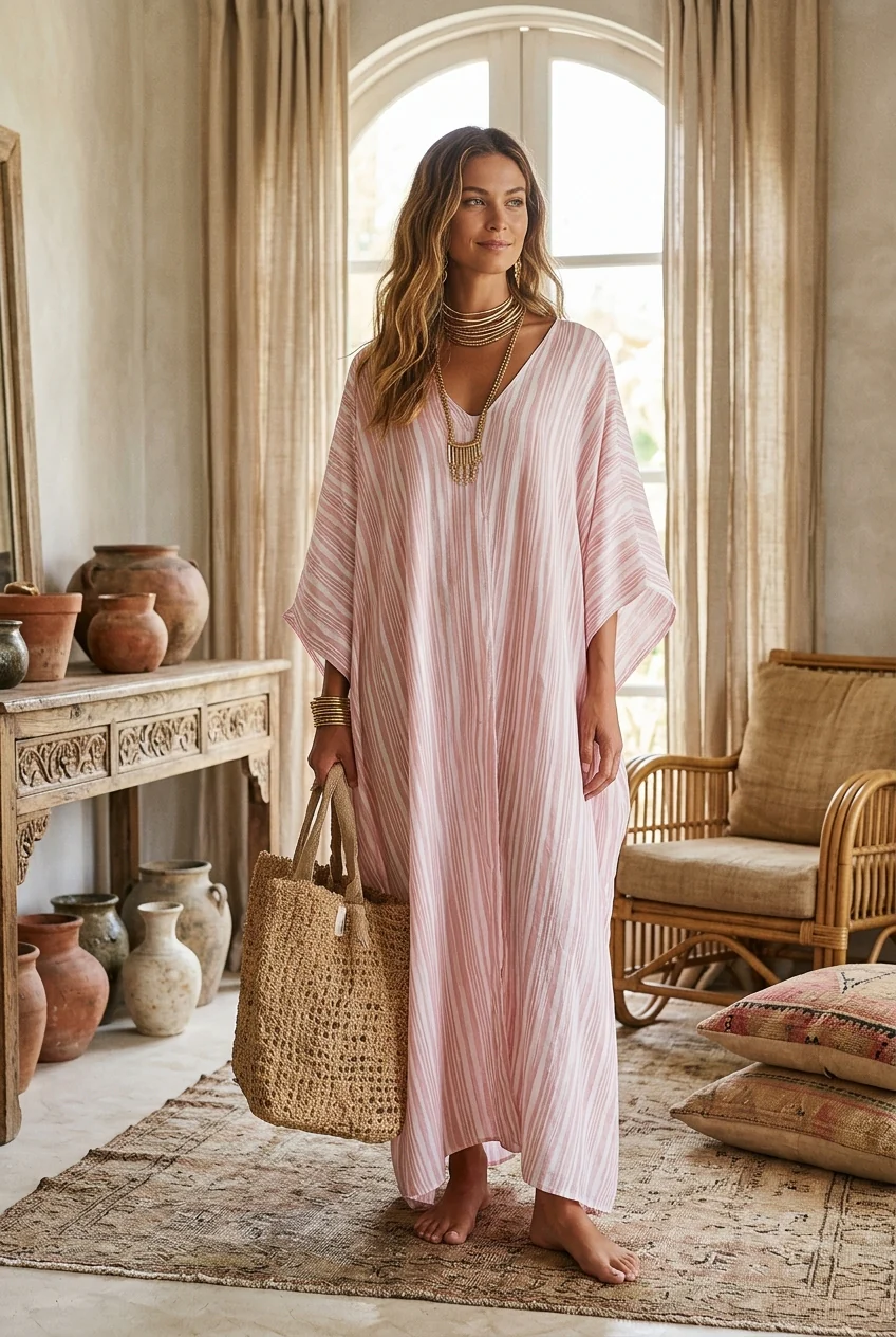 Bohemian-style Soft Pink Striped Kaftan Dress - Image 5