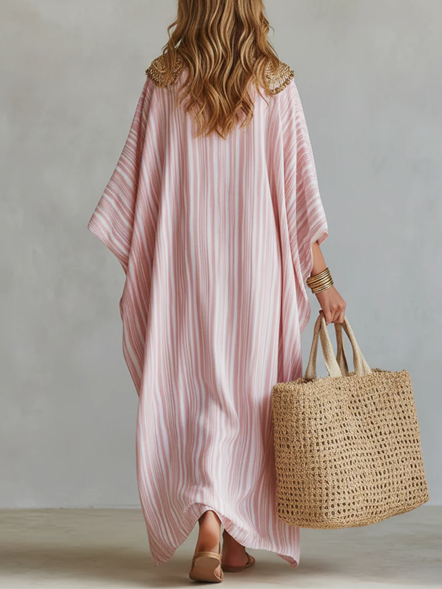 Bohemian-style Soft Pink Striped Kaftan Dress - Image 6