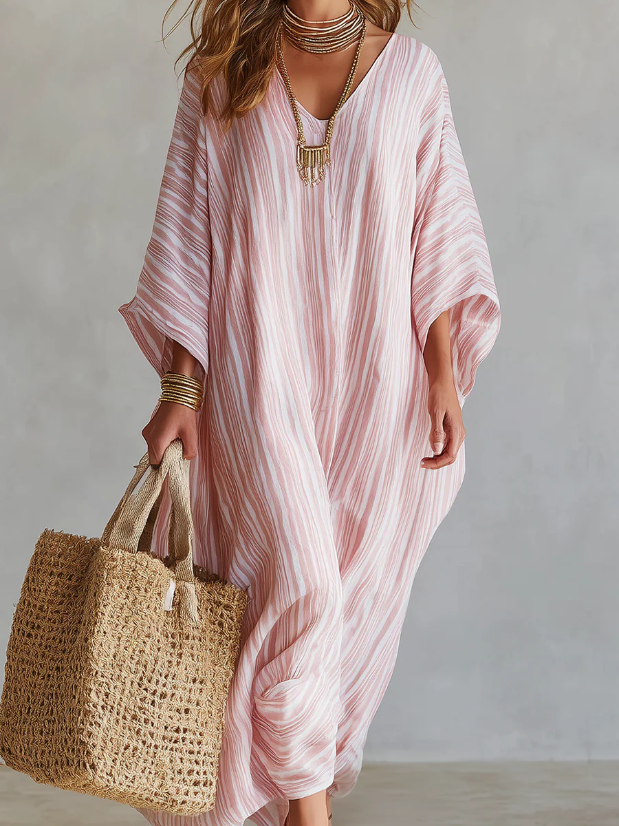 Bohemian-style Soft Pink Striped Kaftan Dress - Image 7