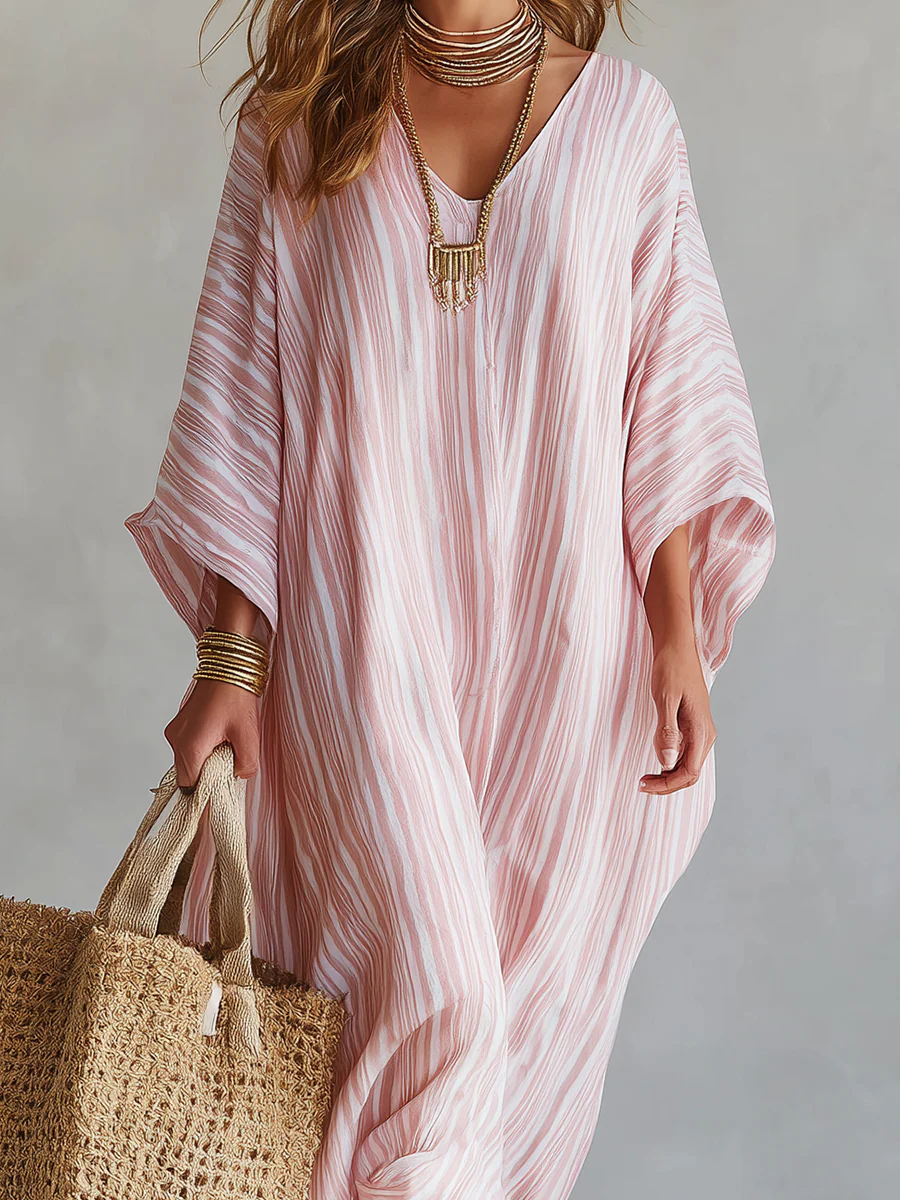 Bohemian-style Soft Pink Striped Kaftan Dress - Image 8