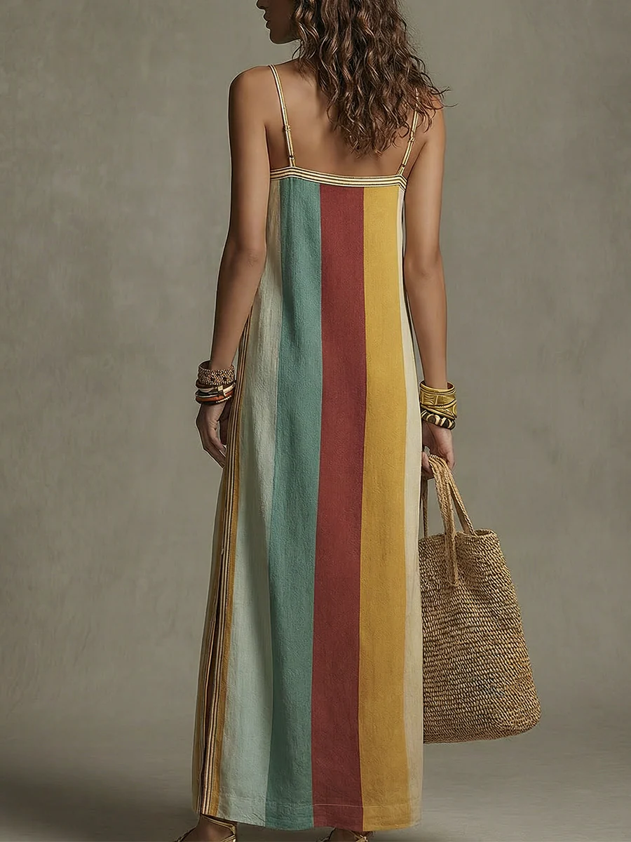 Bohemian Style Striped Color Block Spaghetti Strap Long Dress - Image 2