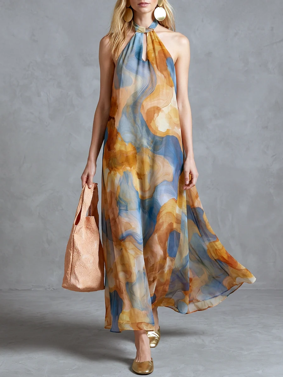 Bohemian Style Watercolor Print Backless Halter Neck Maxi Dress