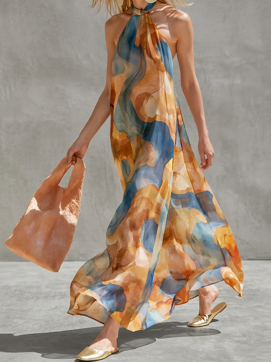 Bohemian Style Watercolor Print Backless Halter Neck Maxi Dress - Image 2