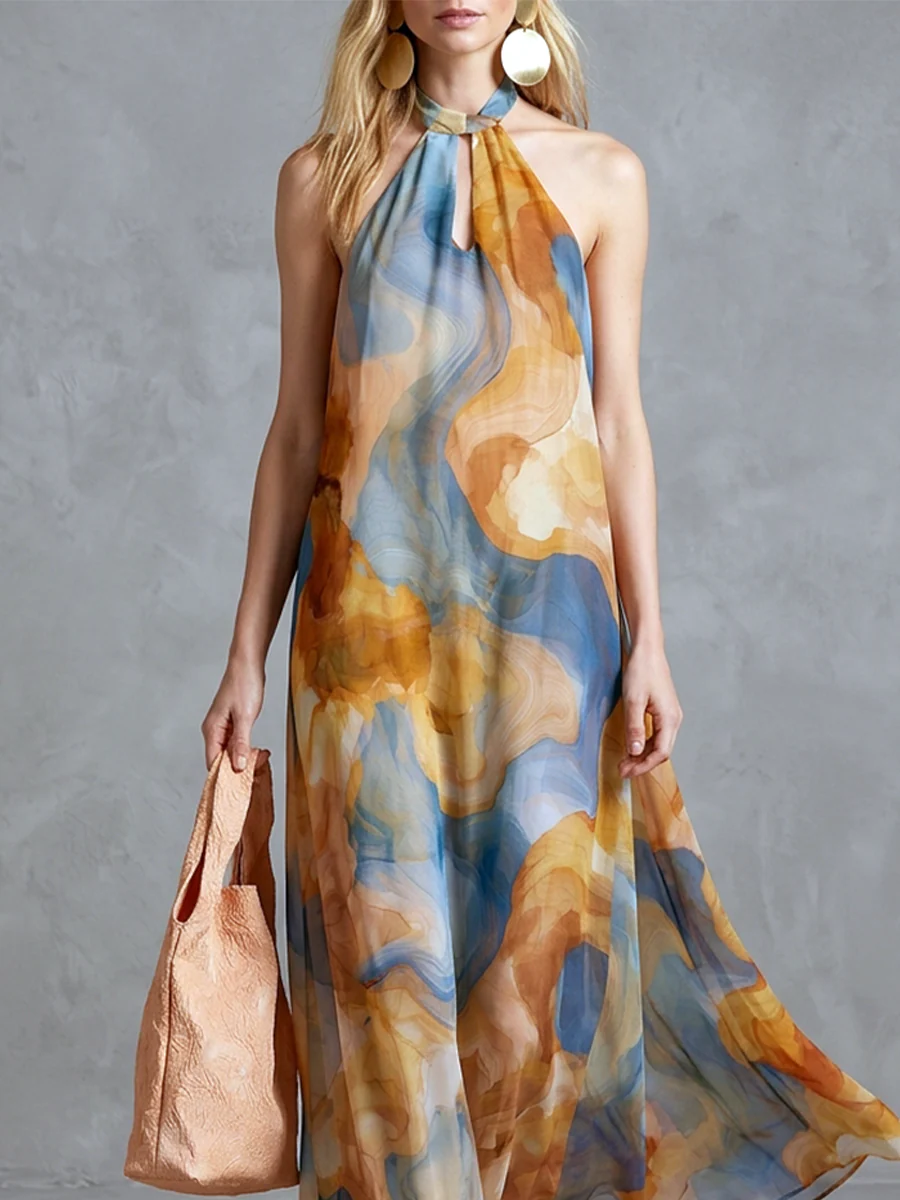 Bohemian Style Watercolor Print Backless Halter Neck Maxi Dress - Image 3