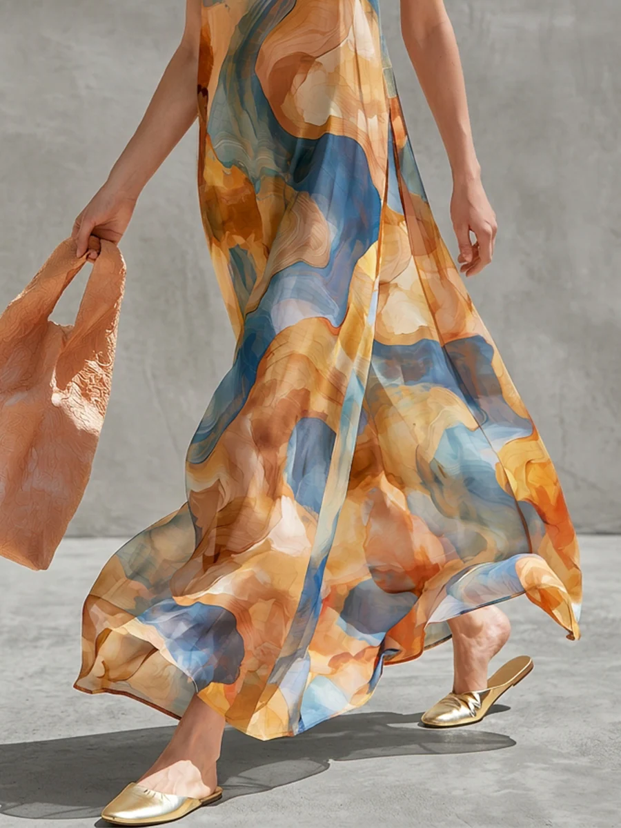 Bohemian Style Watercolor Print Backless Halter Neck Maxi Dress - Image 4