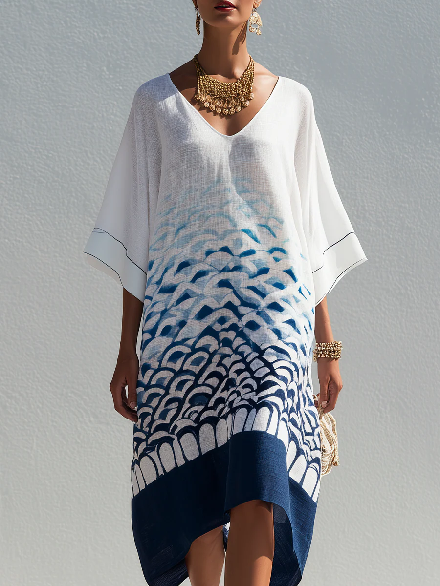Bohemian Style White And Blue Gradient Kaftan Dress - Image 2