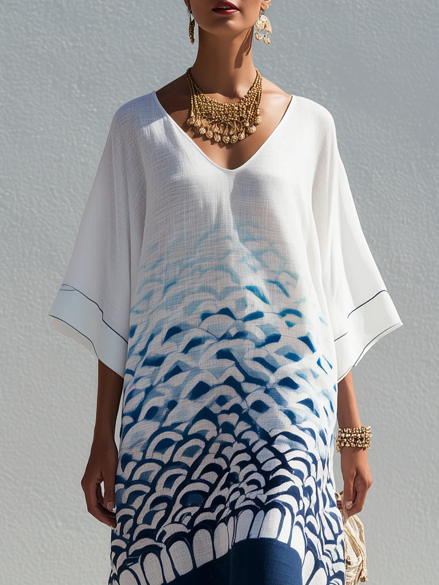 Bohemian Style White And Blue Gradient Kaftan Dress - Image 3