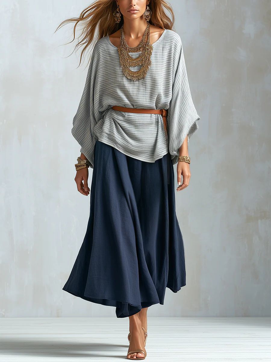 Bohemian Textured Batwing Sleeve Top And Skirt Set