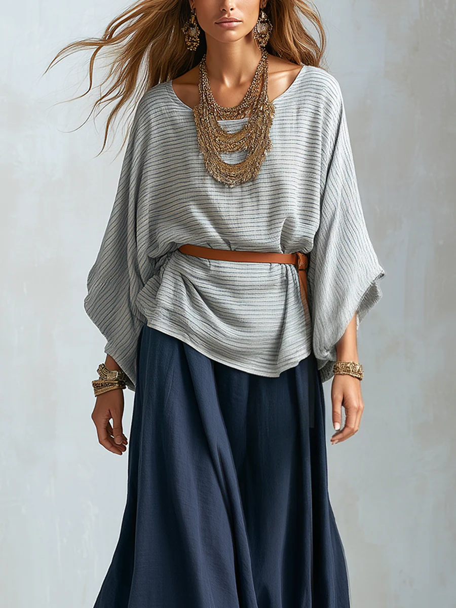 Bohemian Textured Batwing Sleeve Top And Skirt Set - Image 2