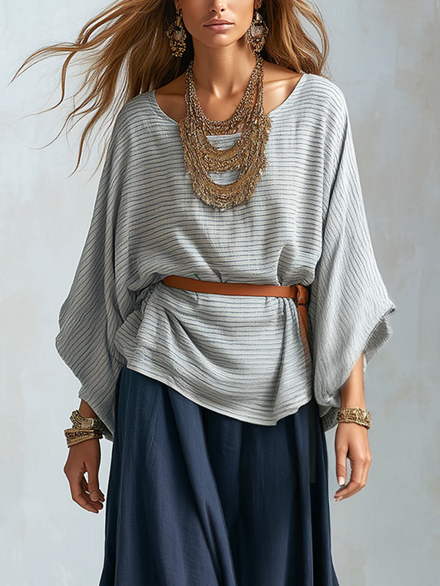 Bohemian Textured Batwing Sleeve Top And Skirt Set - Image 3