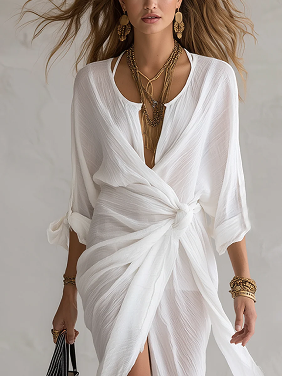 Bohemian White Knotted Slit Dress - Image 5