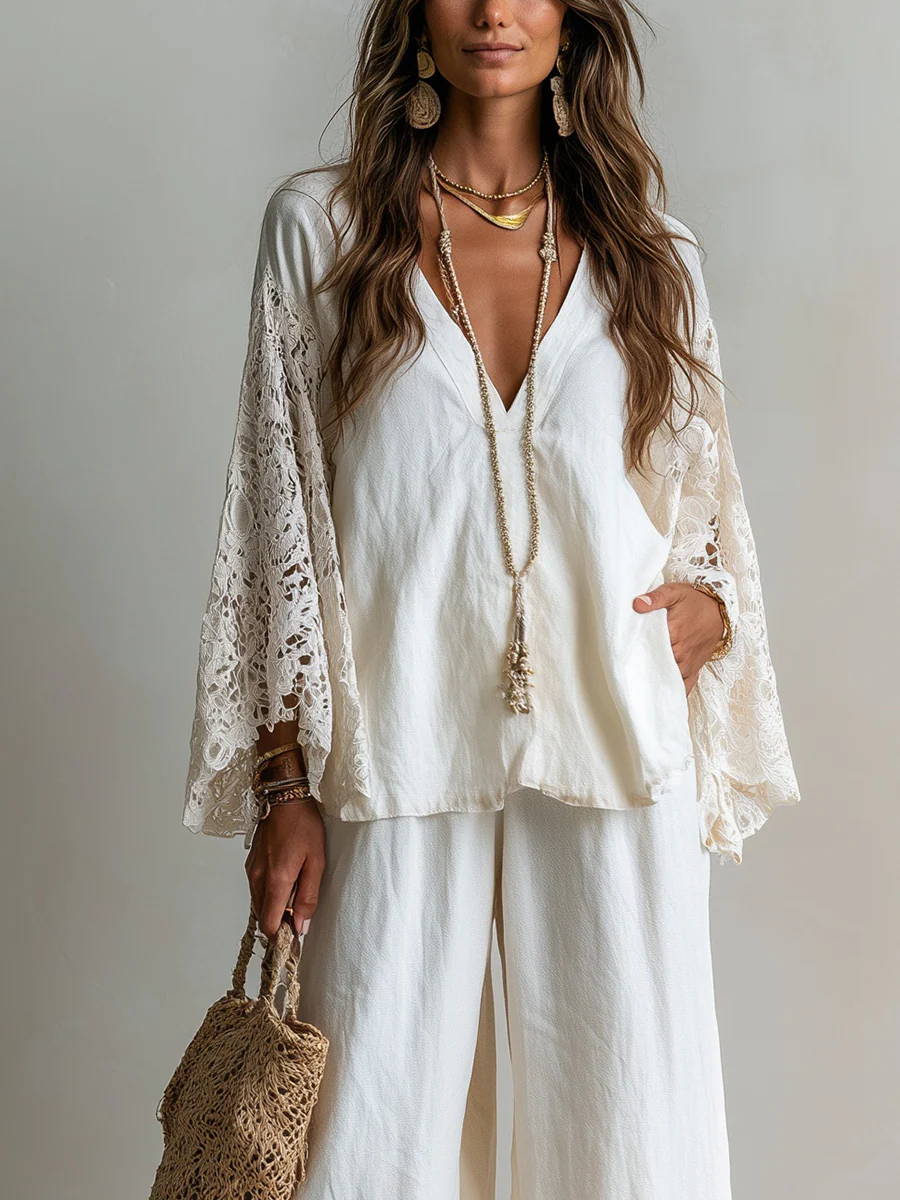 Bohemian White Lace Sleeved Linen Top And Trousers Suit - Image 2