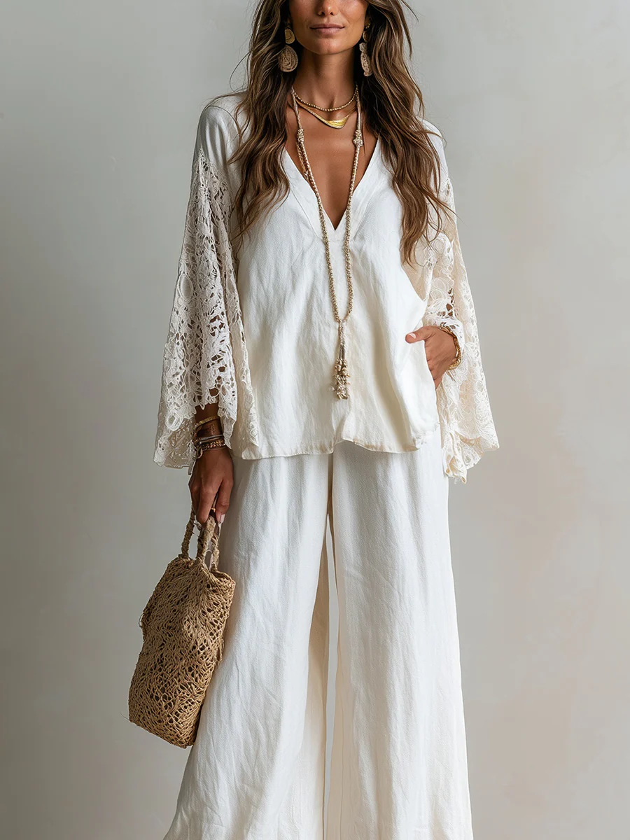 Bohemian White Lace Sleeved Linen Top And Trousers Suit - Image 3