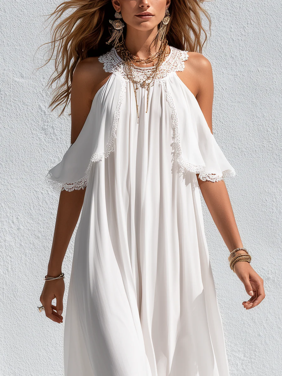 Bohemian White Lace Trimmed Flowing Maxi Dress - Image 2