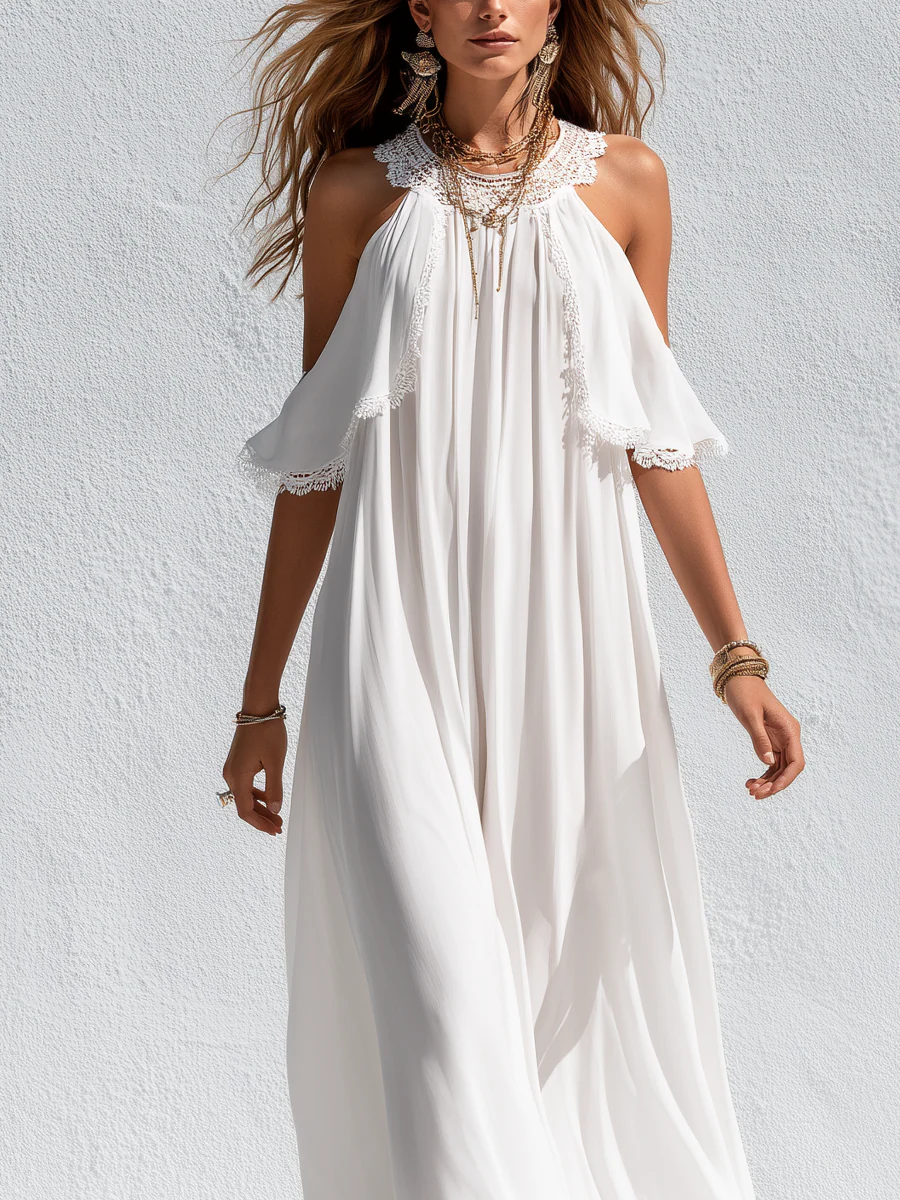 Bohemian White Lace Trimmed Flowing Maxi Dress - Image 3