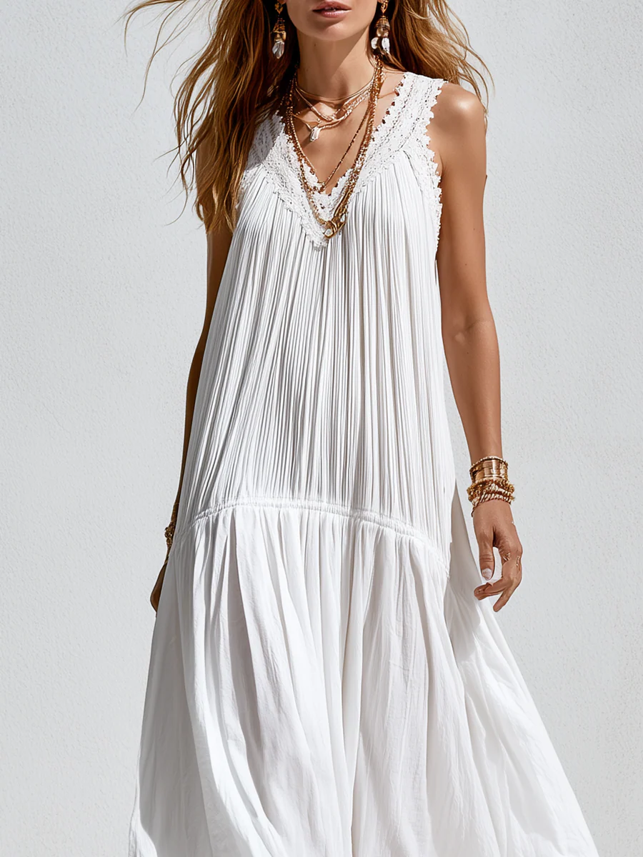 Bohemian White Lace Trimmed V-neck Maxi Dress - Image 2