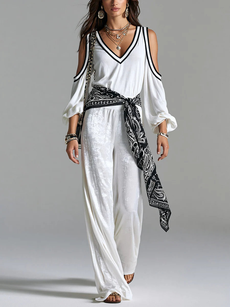 Bohemian White Off The Shoulder Top And Glossy Trousers Set
