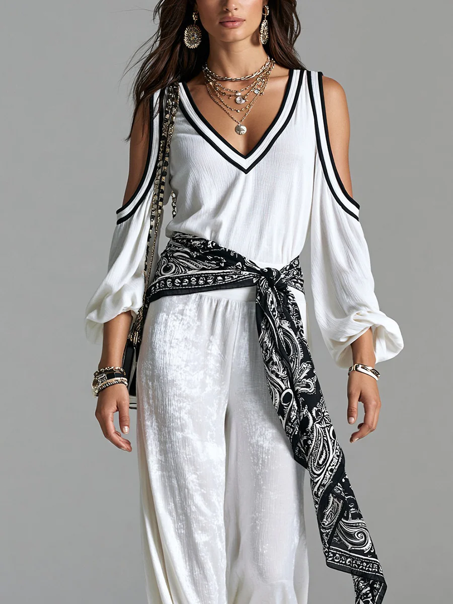 Bohemian White Off The Shoulder Top And Glossy Trousers Set - Image 2