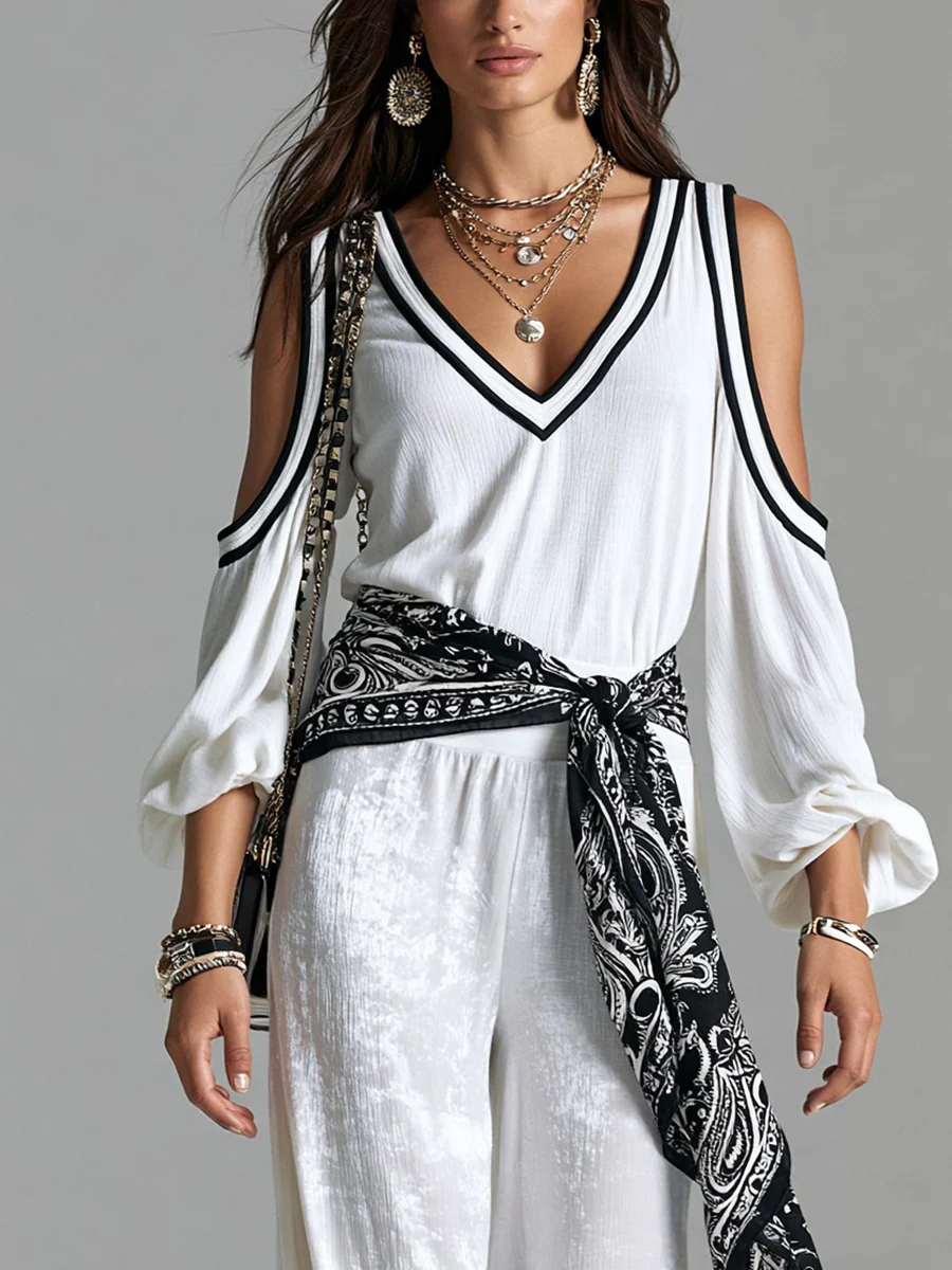 Bohemian White Off The Shoulder Top And Glossy Trousers Set - Image 3