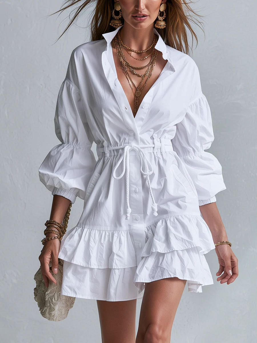 Bohemian White Ruffled Shirt Dress