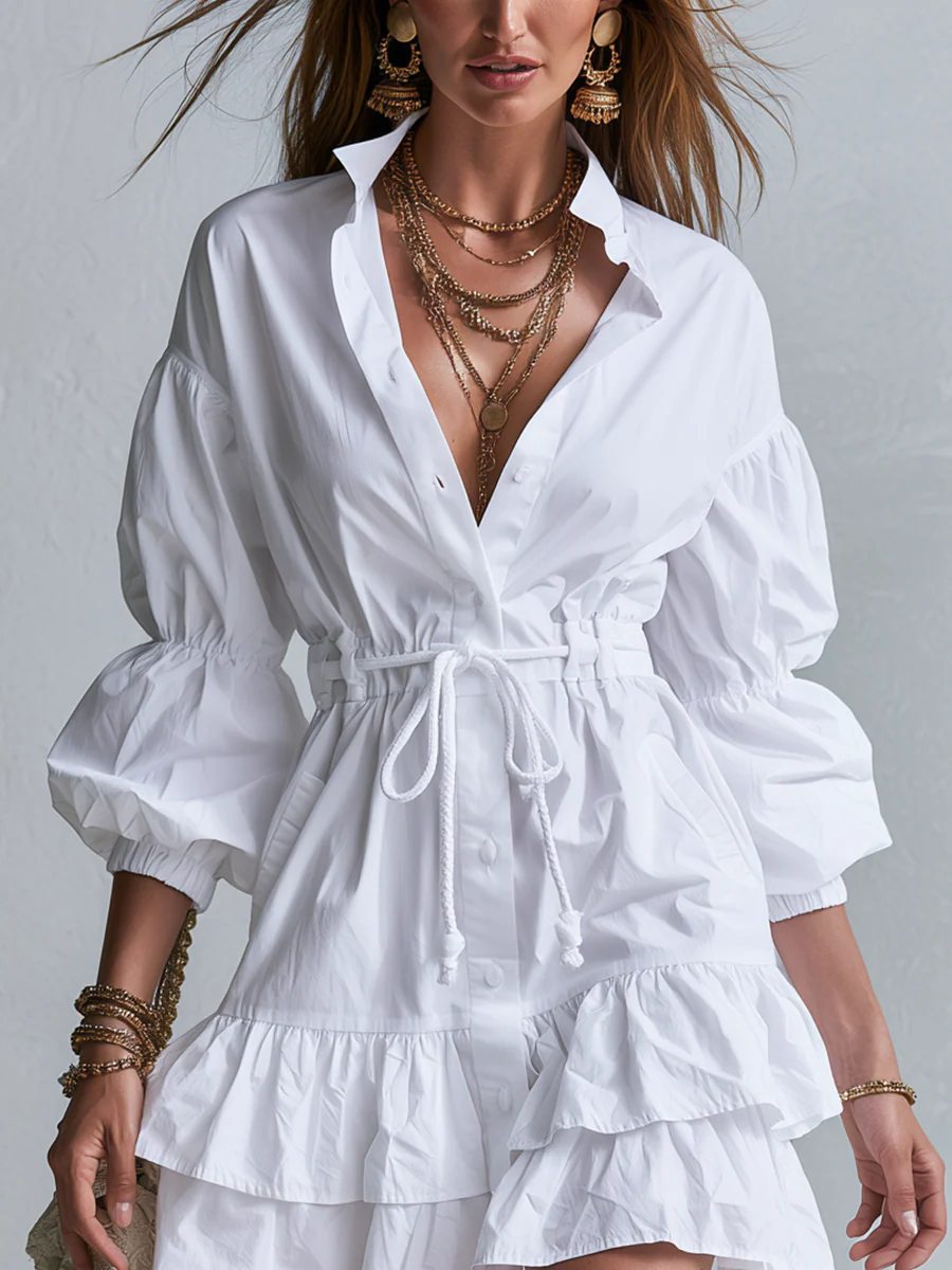 Bohemian White Ruffled Shirt Dress - Image 3