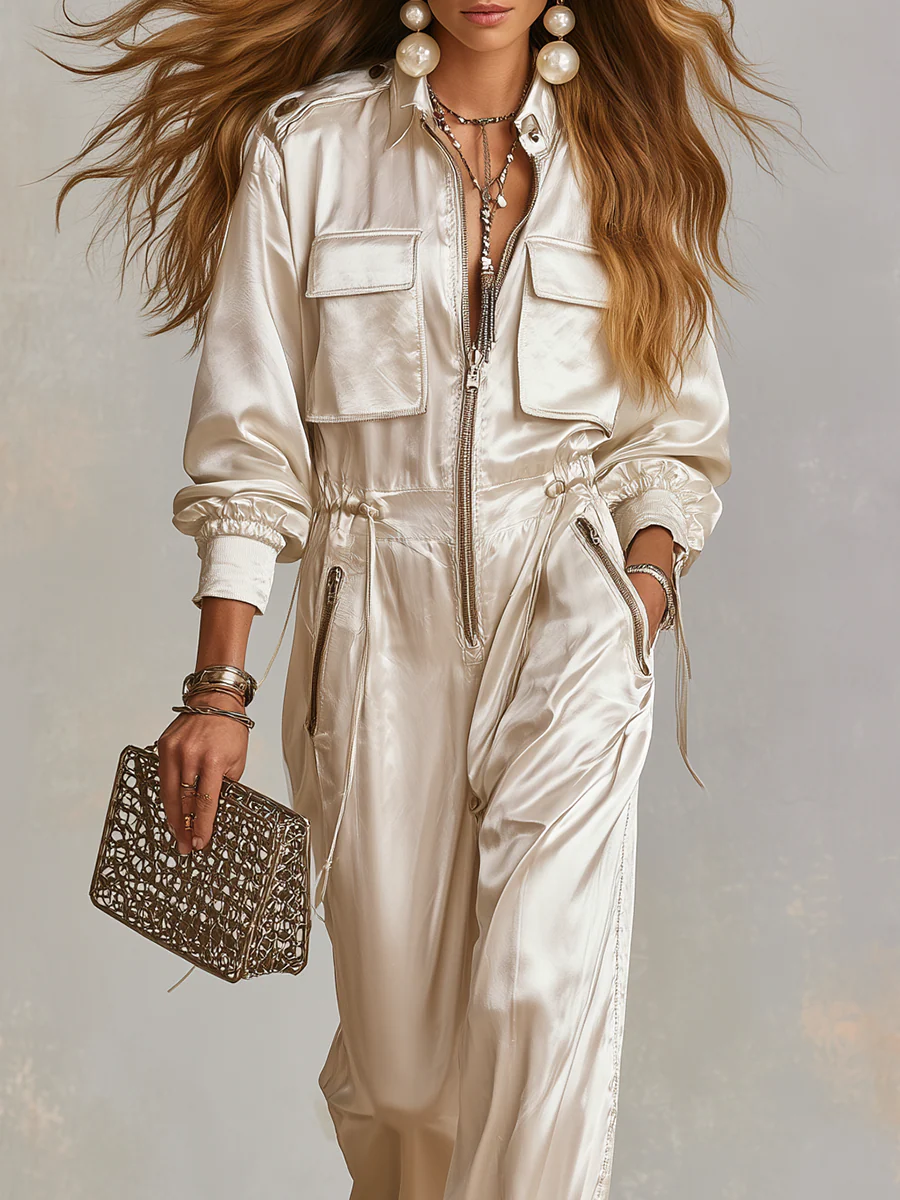 Bohemian White Satin Practical Pocket Zip-up Jumpsuit - Image 2