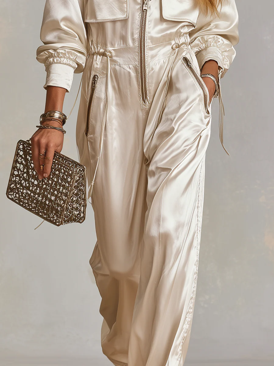 Bohemian White Satin Practical Pocket Zip-up Jumpsuit - Image 3