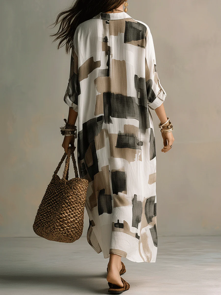 Boho Abstract Print Button-Front Relaxed Fit Maxi Dress - Image 2