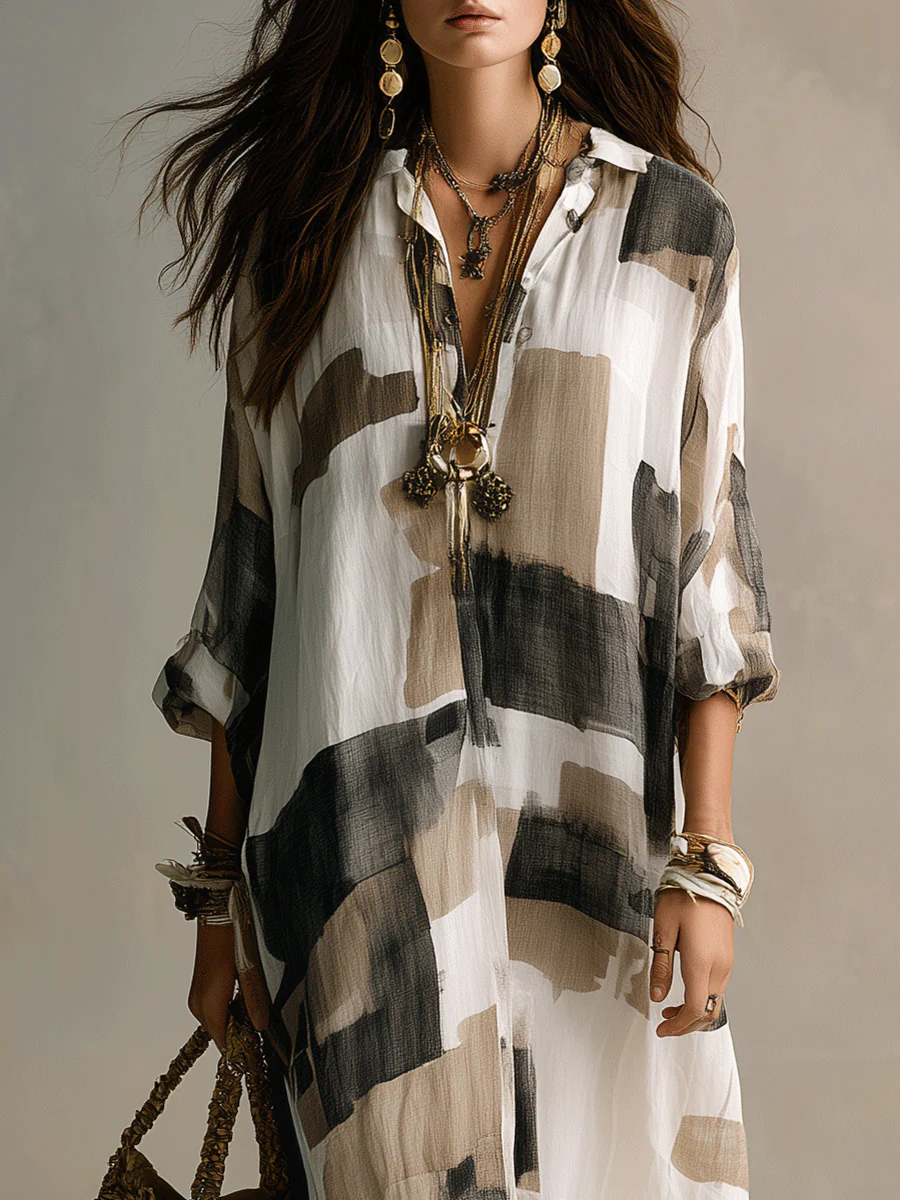 Boho Abstract Print Button-Front Relaxed Fit Maxi Dress - Image 4