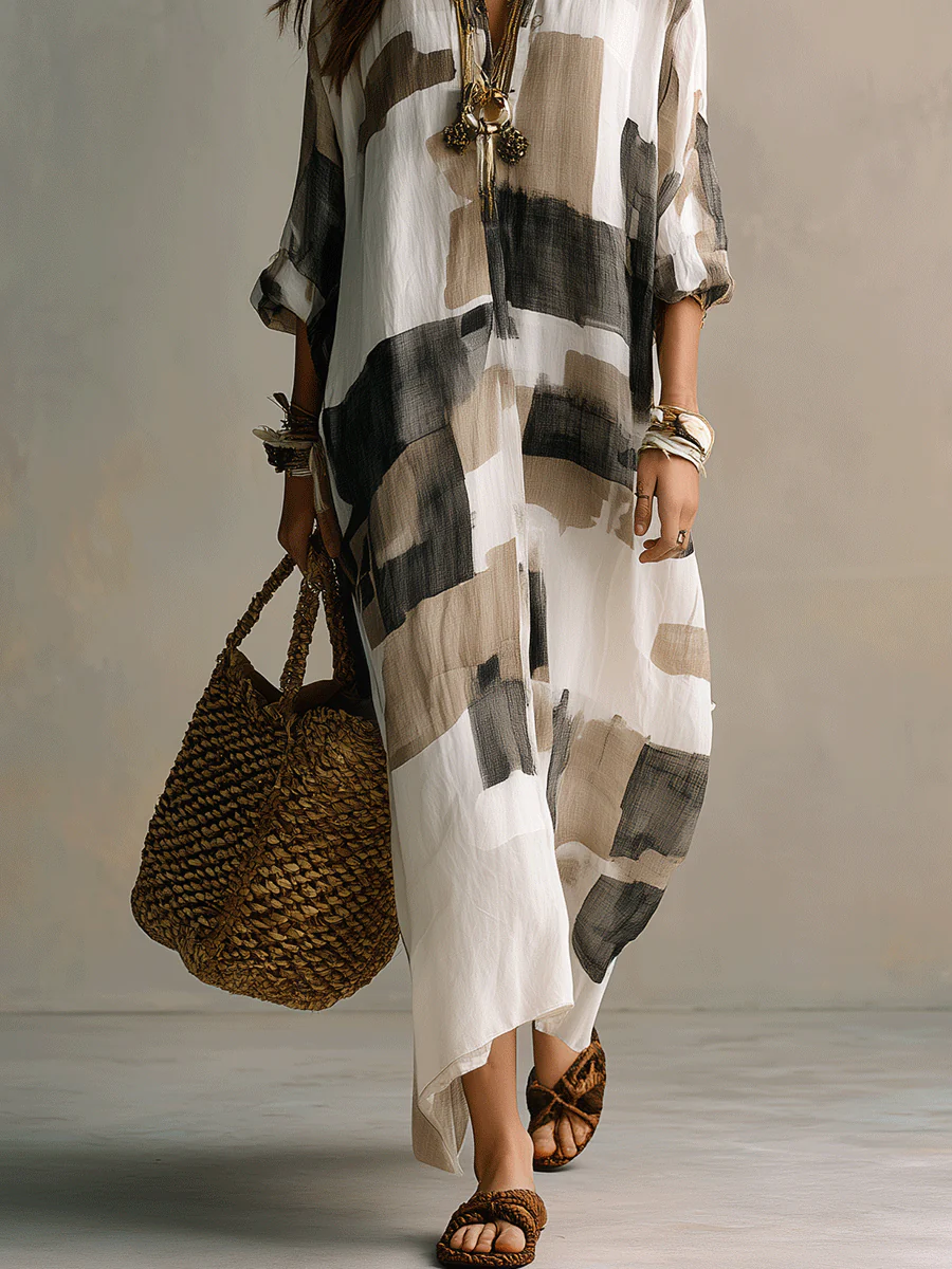 Boho Abstract Print Button-Front Relaxed Fit Maxi Dress - Image 5