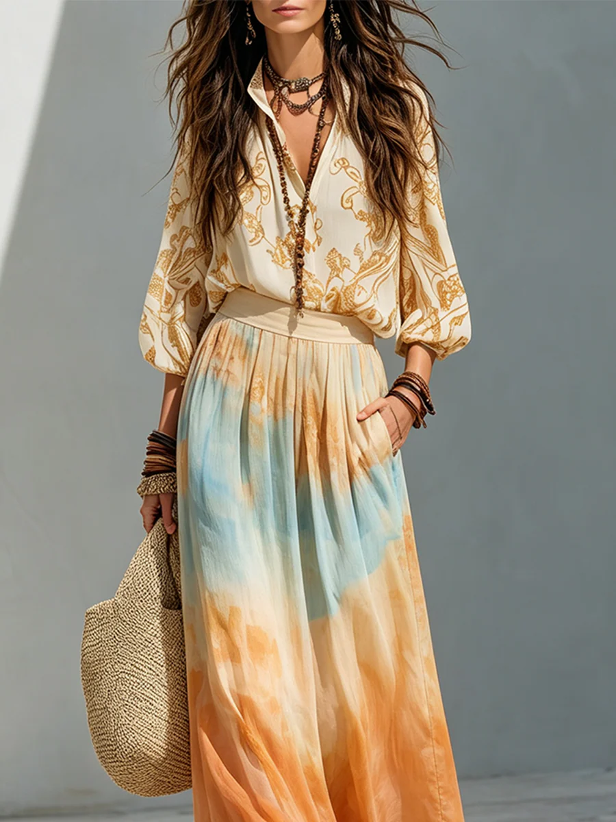 Boho Balloon Sleeve Shirt And Watercolor Maxi Skirt Outfit - Image 2