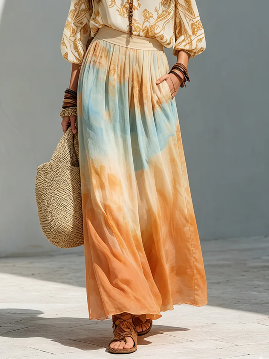 Boho Balloon Sleeve Shirt And Watercolor Maxi Skirt Outfit - Image 3