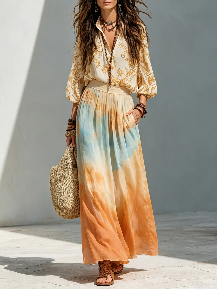 Boho Balloon Sleeve Shirt And Watercolor Maxi Skirt Outfit - Image 4