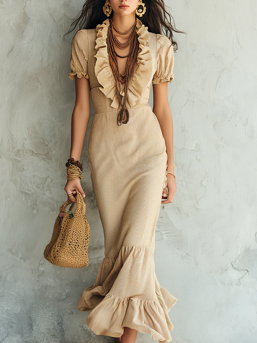 Boho Beige Ruffle V-Neck Puff Sleeve Mermaid Midi Dress - Image 2