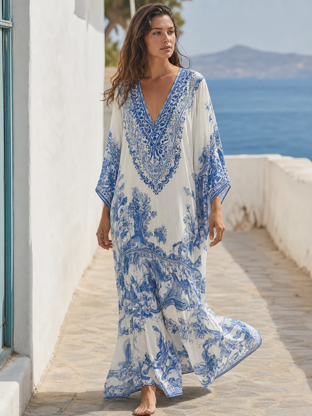 Refined Blue Porcelain Print V-Neck Kaftan Dress - Image 3
