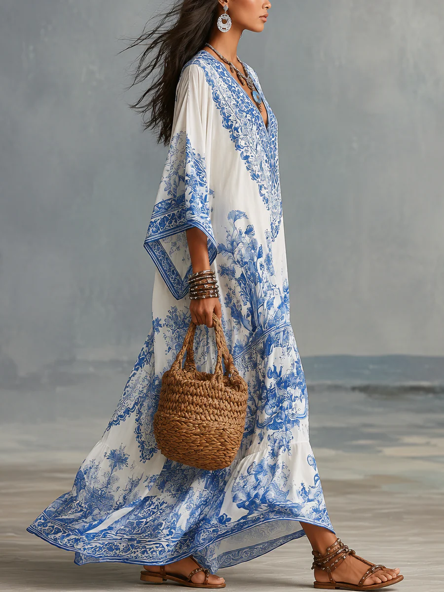 Refined Blue Porcelain Print V-Neck Kaftan Dress - Image 5