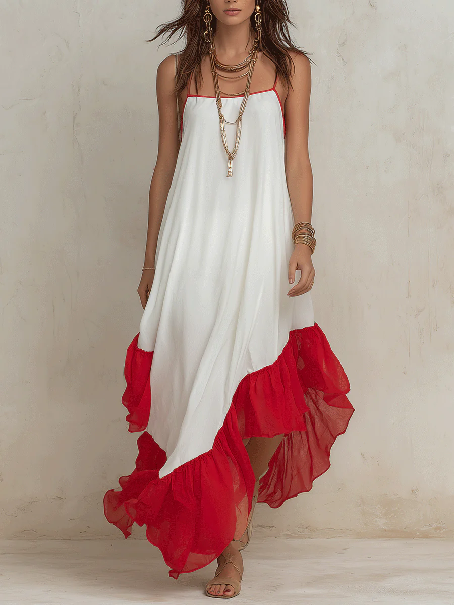 Boho Chic Chiffon Contrast-Ruffle Asymmetric White & Red Maxi Dress