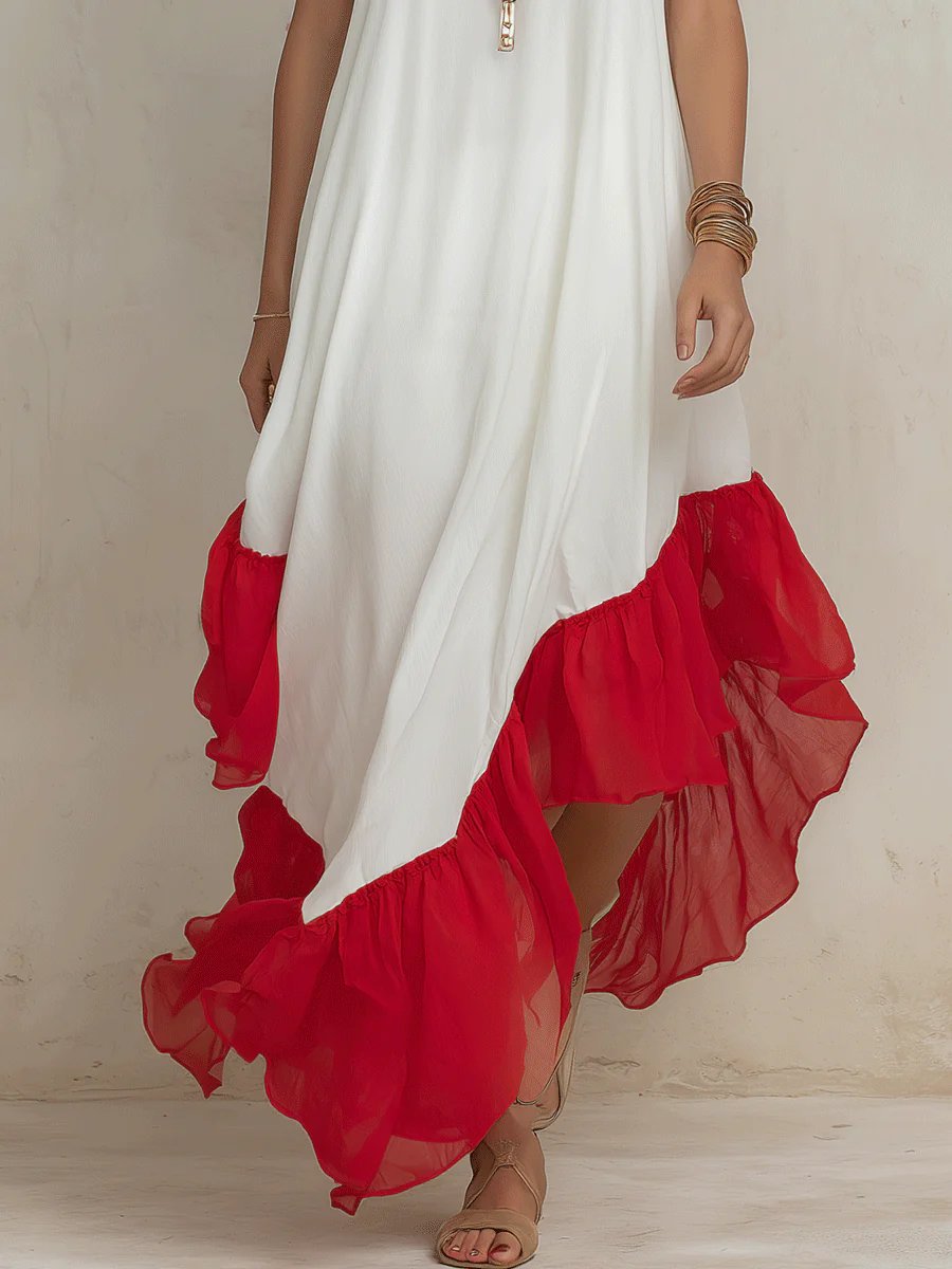 Boho Chic Chiffon Contrast-Ruffle Asymmetric White & Red Maxi Dress - Image 2