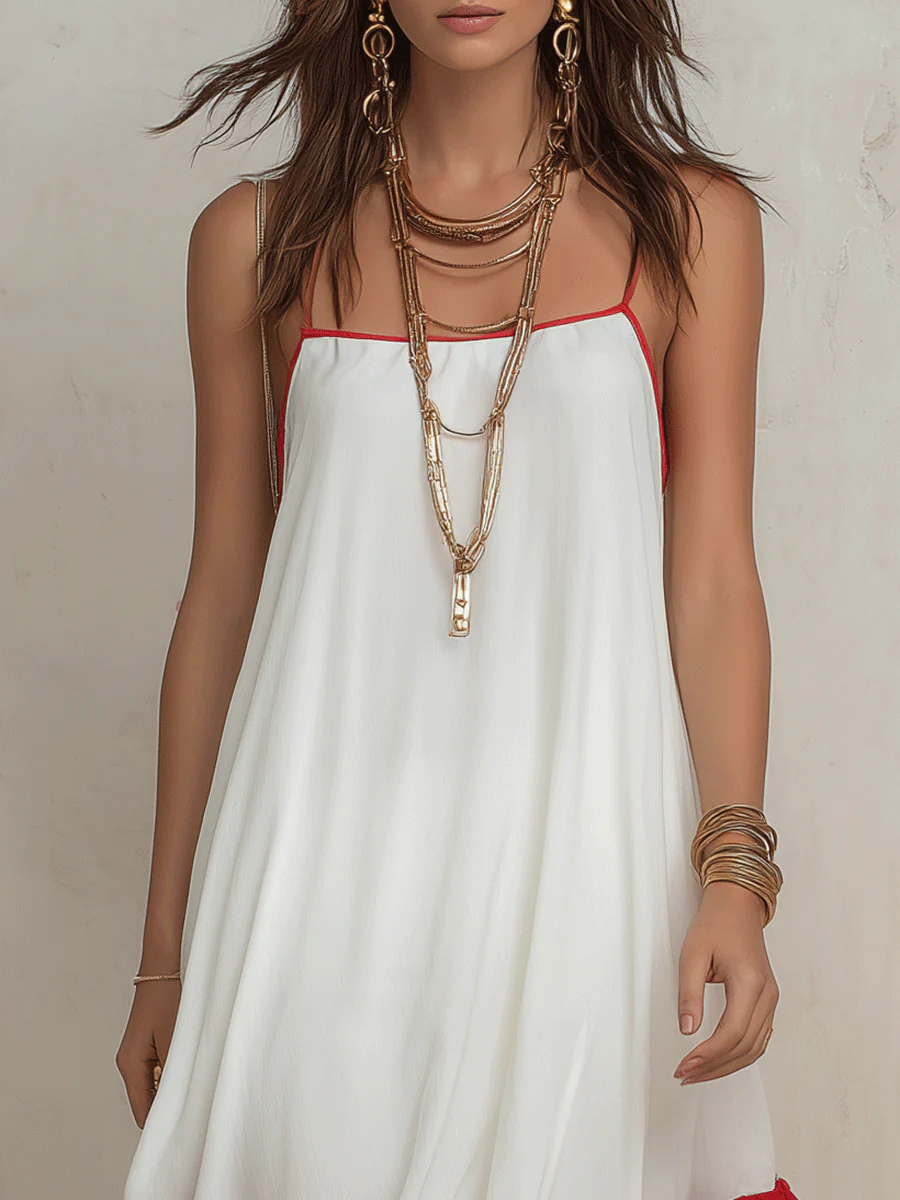 Boho Chic Chiffon Contrast-Ruffle Asymmetric White & Red Maxi Dress - Image 3