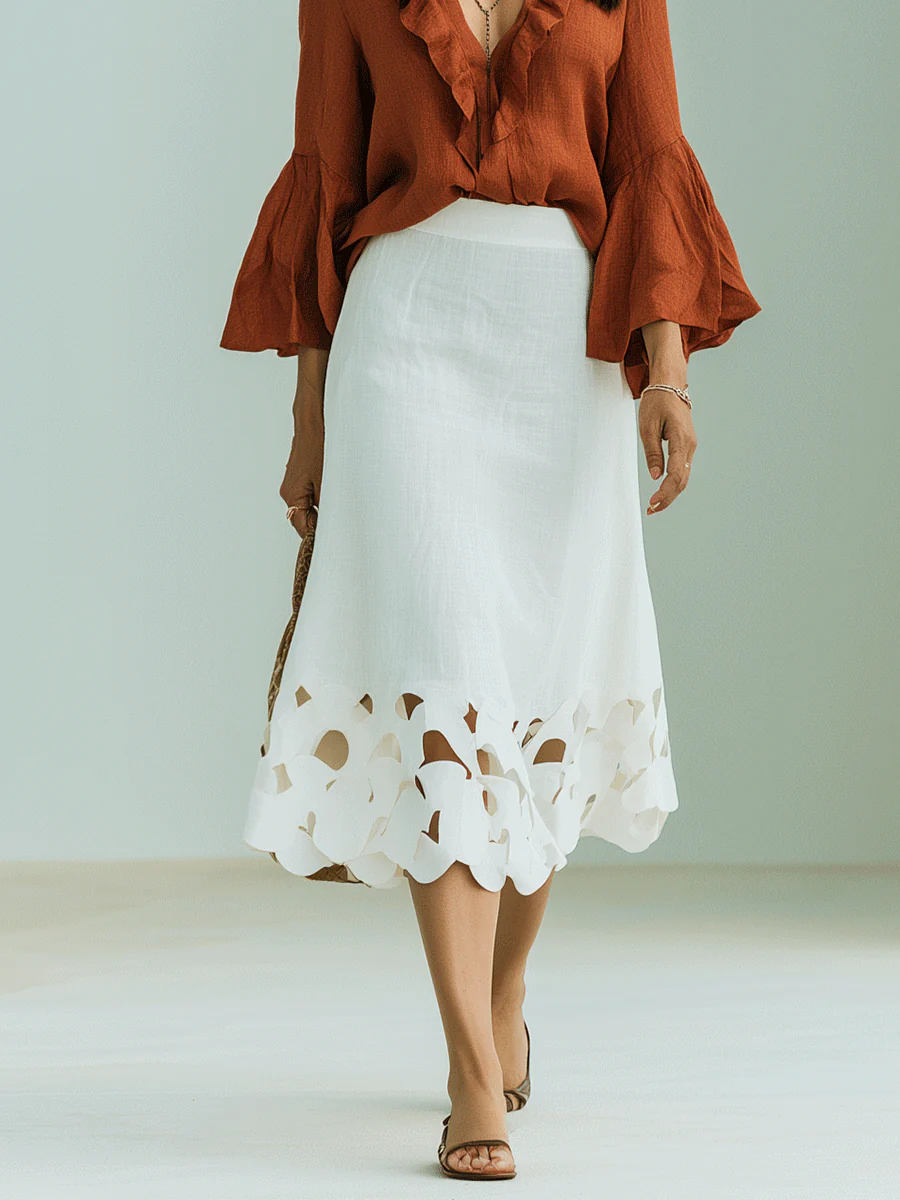 Boho Chic Rust Ruffle Blouse & White Cutwork Linen Maxi Skirt Set - Image 3