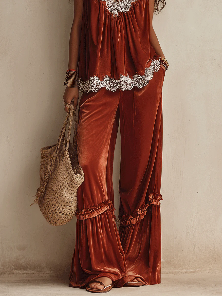 Boho Chic Velvet Lace-Trim Halter Wide-Leg Rust Two-Piece Set - Image 3