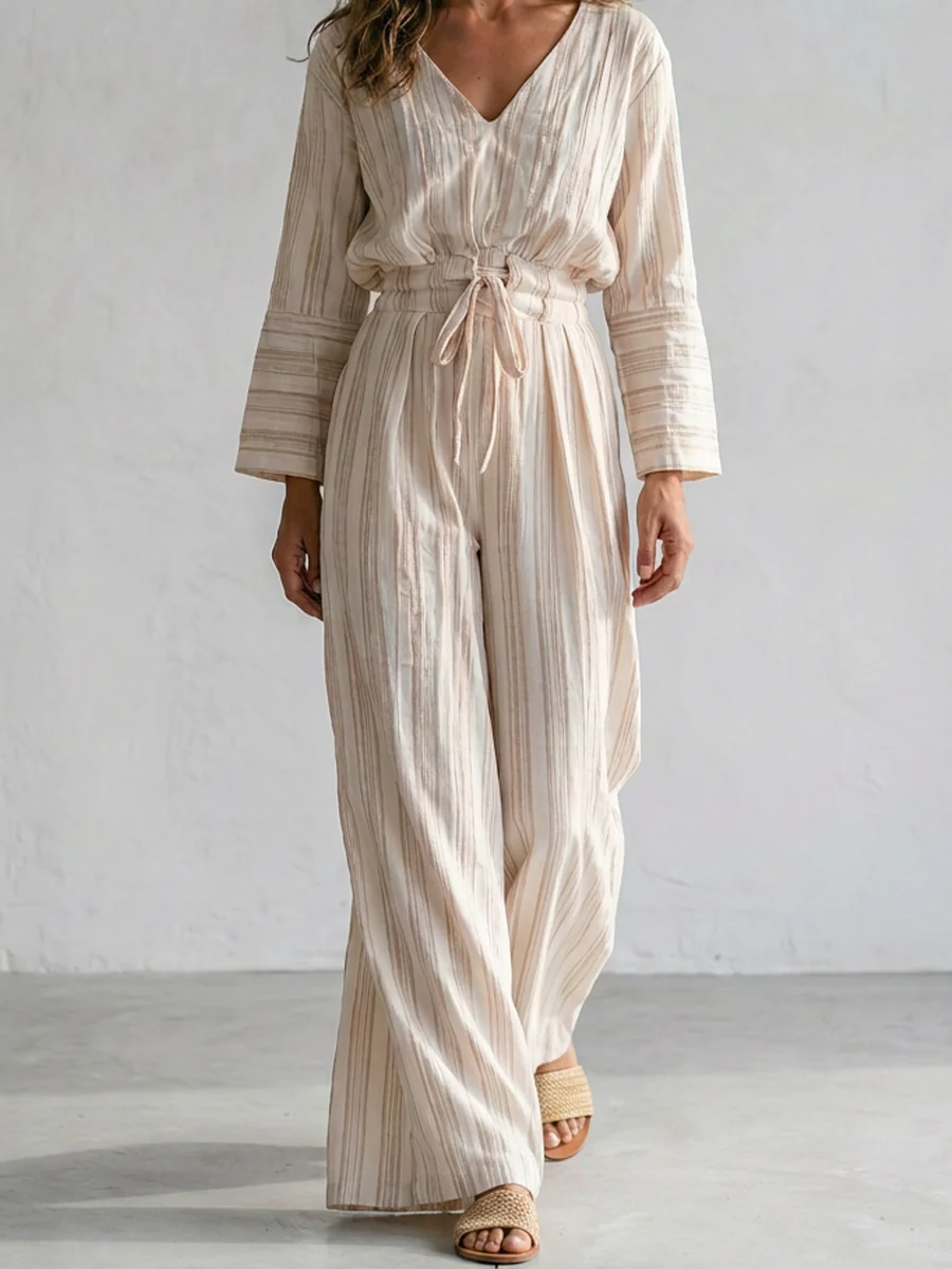 Boho Cotton Drawstring Waist Wide Leg Palazzo Jumpsuit - Image 3