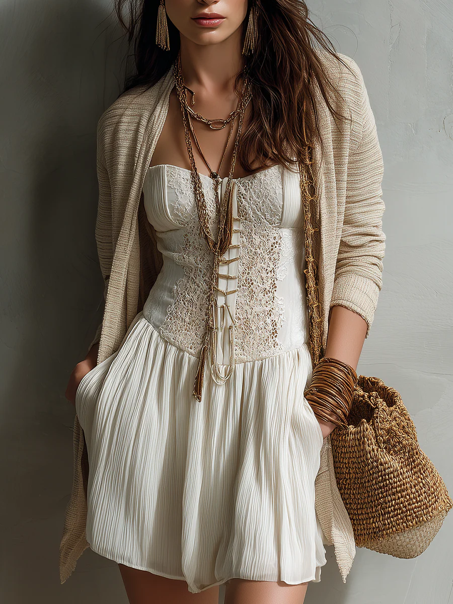 Boho Ivory Lace Corset Bustier Flowy A-Line Mini Dress - Image 3