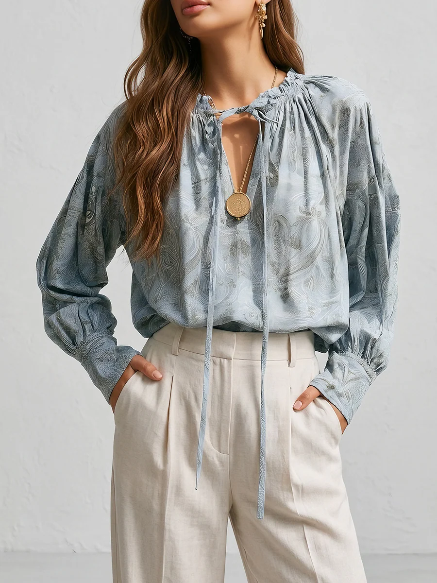 Boho Lace-Up V-Neck Balloon Sleeve Flowy Top - Image 2