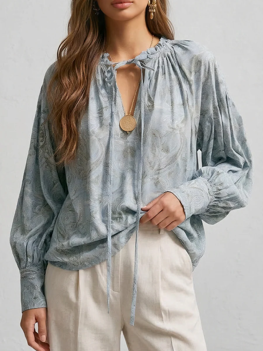 Boho Lace-Up V-Neck Balloon Sleeve Flowy Top - Image 3